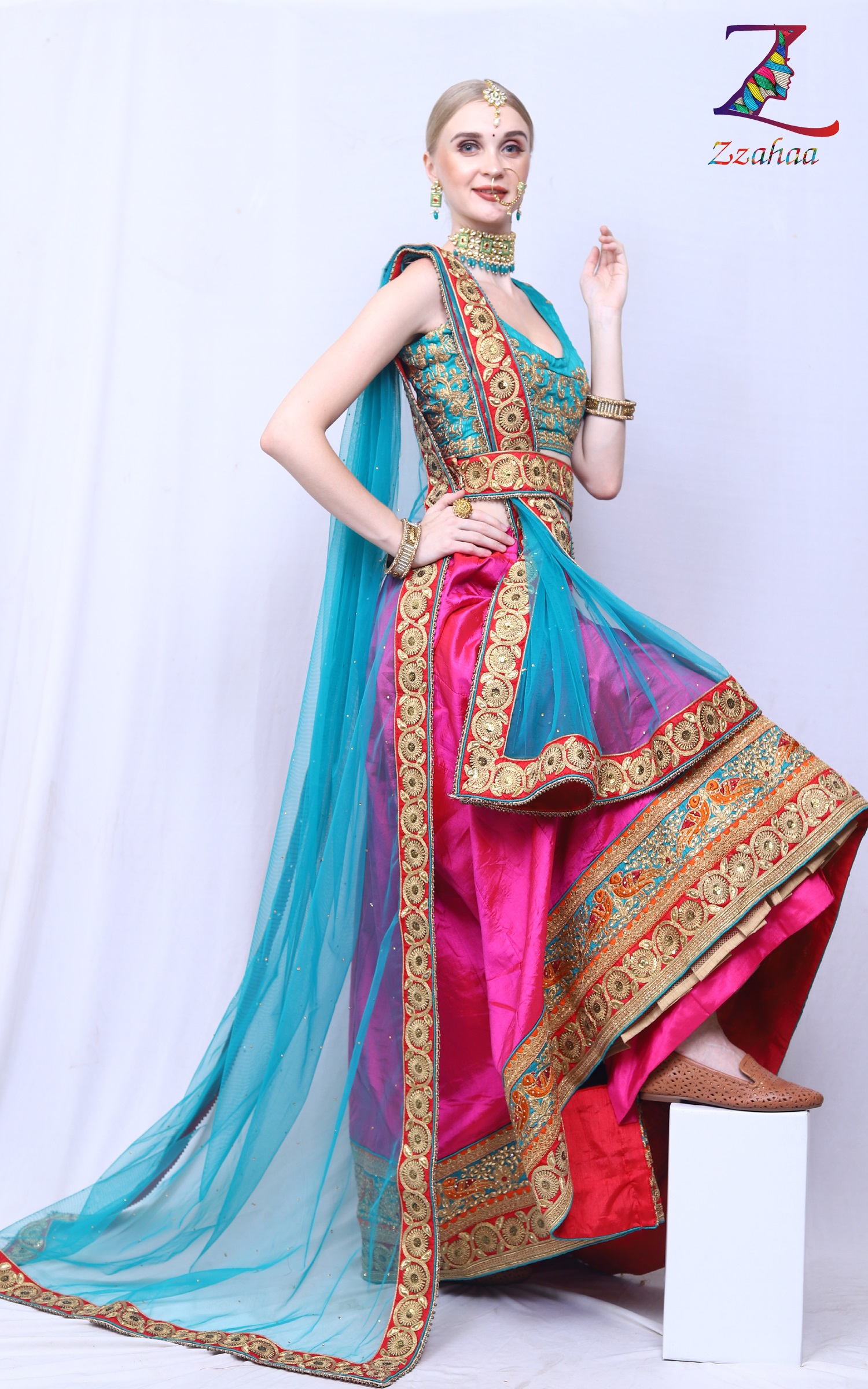 Copper Sulphate Bluish Green Embroidery Lehenga, Blouse and Dupatta.